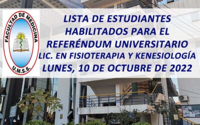 Lista de Estudiantes Habilitados para el Referéndum Universitario Licenciatura en Fisioterapia y Kinesiología Lunes, 10 de Octubre de 2022