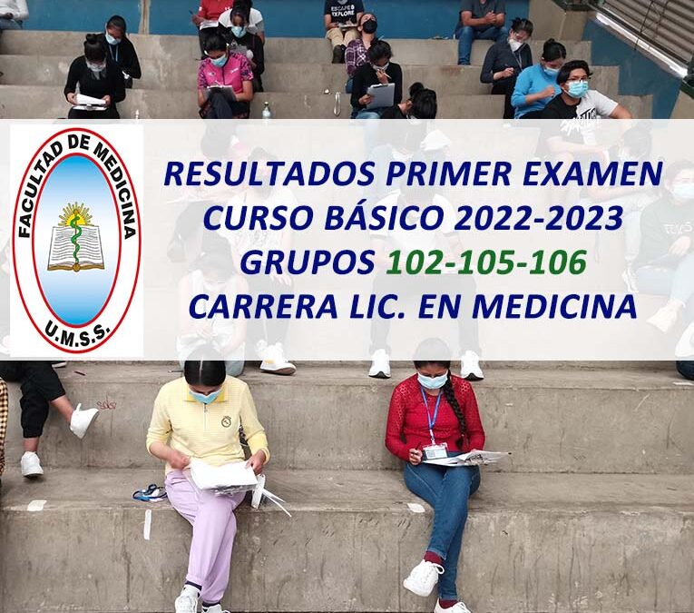 Resultados del Primer Examen Curso Básico 2022-2023 Grupos 102-105-106 Carrera Lic. en Medicina Facultad de Medicina